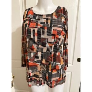 Alfani Petite PM Geometric Print Long Sleeve Top Orange Black Neutral